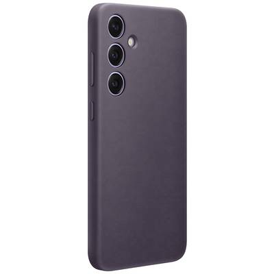 Smartphone with three camera lenses on the back; minimalist and dark violet in colour.