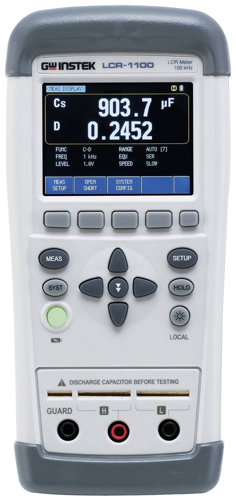 An LCR meter displays on the screen the values 'Cs: 903.7 μF' and '0.2452' with various controls beneath.