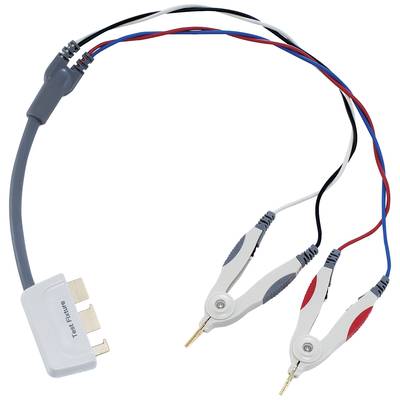 Electrical cables with two crocodile clips, red and black, connected to a white adapter. Used for electrical testing.