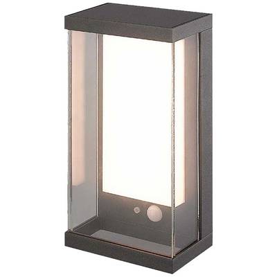 Rectangular outdoor light with a glass housing and black border. Integrated motion sensor on the lower front side.