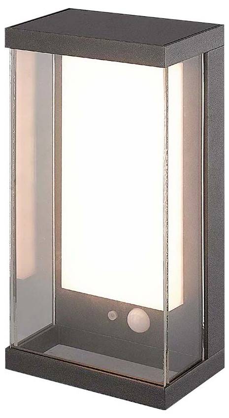 A modern, rectangular external wall light with transparent side panels and a luminous, white front surface.