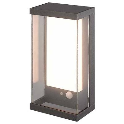 A modern, rectangular external wall light with transparent side panels and a luminous, white front surface.