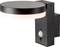 Outdoor light in a modern design with a round, black housing and integrated sensor for automatic motion detection.