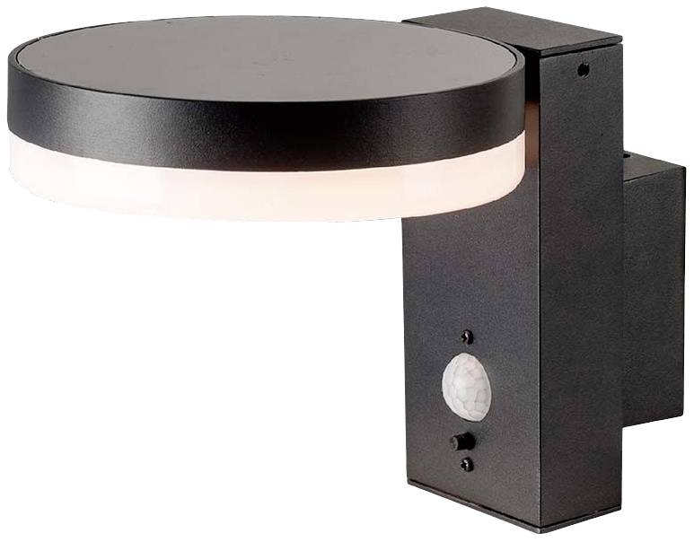 A modern, black outdoor light with circular LED illumination and integrated motion sensor, mounted on a wall bracket.