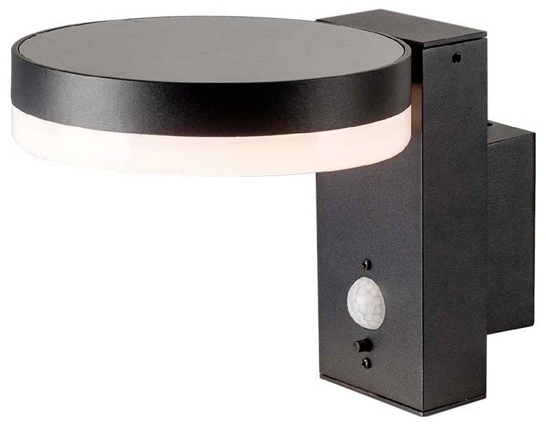 A modern, black outdoor light with a round shade and motion sensor, suitable for wall mounting. Ideal for illuminating entrance areas.
