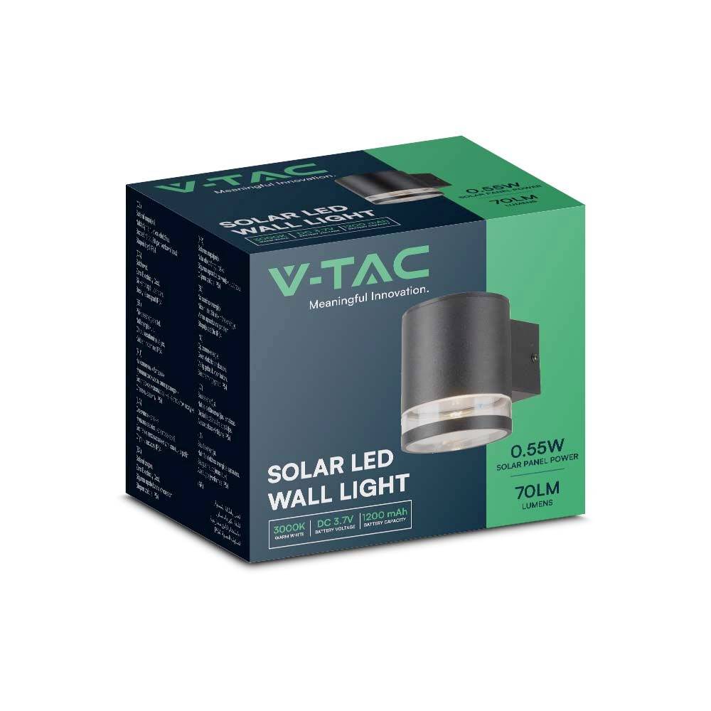 Packaging of a 'V-TAC' Solar LED Wall Light, 0.55 W, 70 Lumens, showing product image and technical details on a dark background.