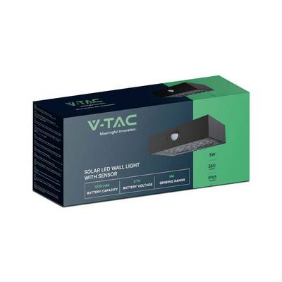 Packaging for a solar-powered LED wall light with sensor. Details: 3W power, 350 lumens, 1000mAh battery, detection range 6m.