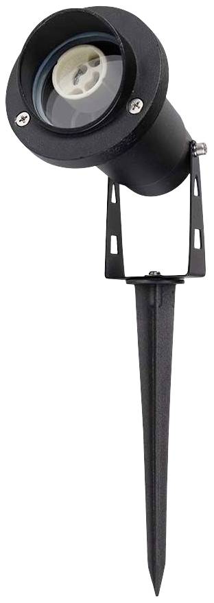 A black LED outdoor spotlight with ground spike, suitable for illuminating gardens or pathways.