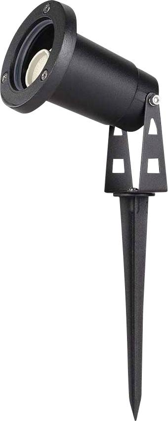 A black, cylindrical garden spotlight with ground spike, suitable for outdoor lighting.
