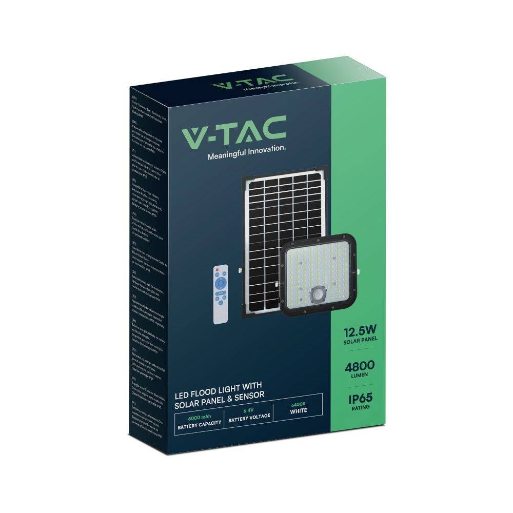A V-TAC LED floodlight with solar panel and remote control. Power: 12.5W, Light Output: 4800 lumens, suitable for outdoor use.