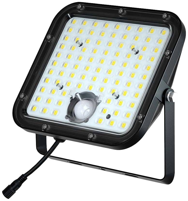 A square LED floodlight with a black frame and a sensor in the centre. It is connected by a cable.