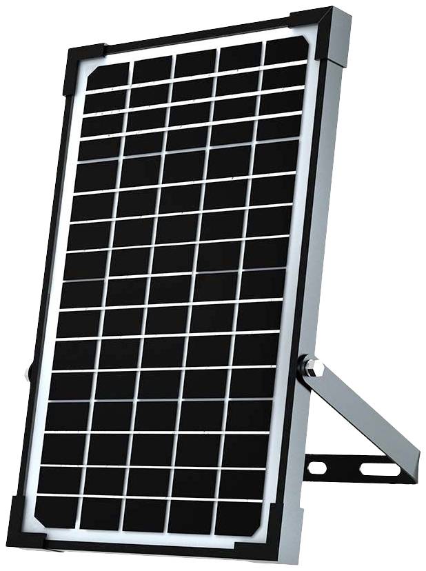'Solar panel with rectangular, black cells and silver frame. It is installed at a slight angle for optimal sun exposure.'