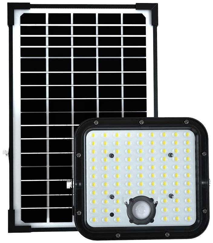 Solar panel and LED lamp; solar panel on top, square LED lamp below; both for environmentally friendly lighting.
