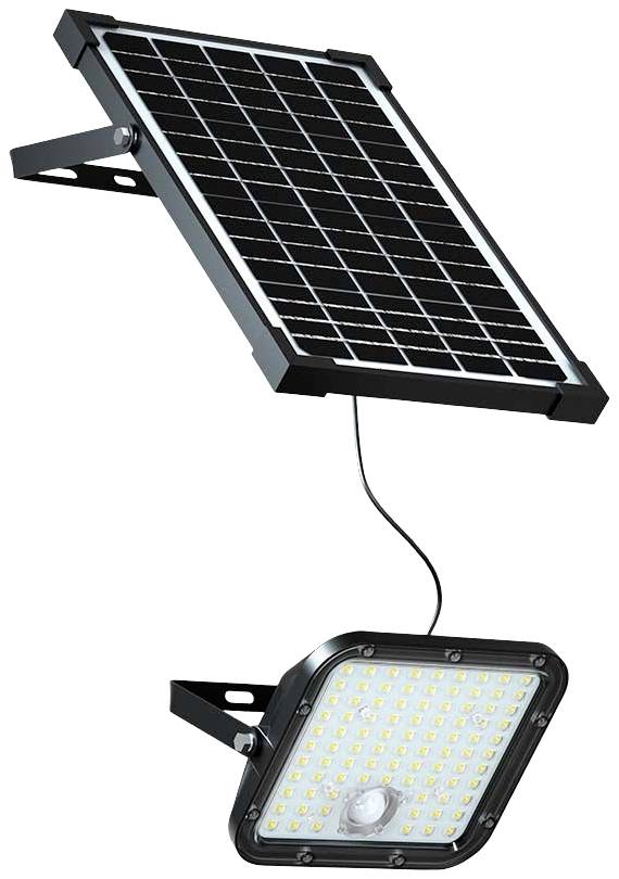 Wall-mounted solar panel connected to an LED light. The light features multiple LEDs and a motion sensor.