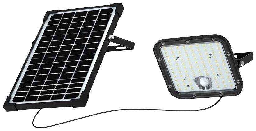 Solar panel with connected LED light. The solar panel has a black frame, the light features many small LED lights.