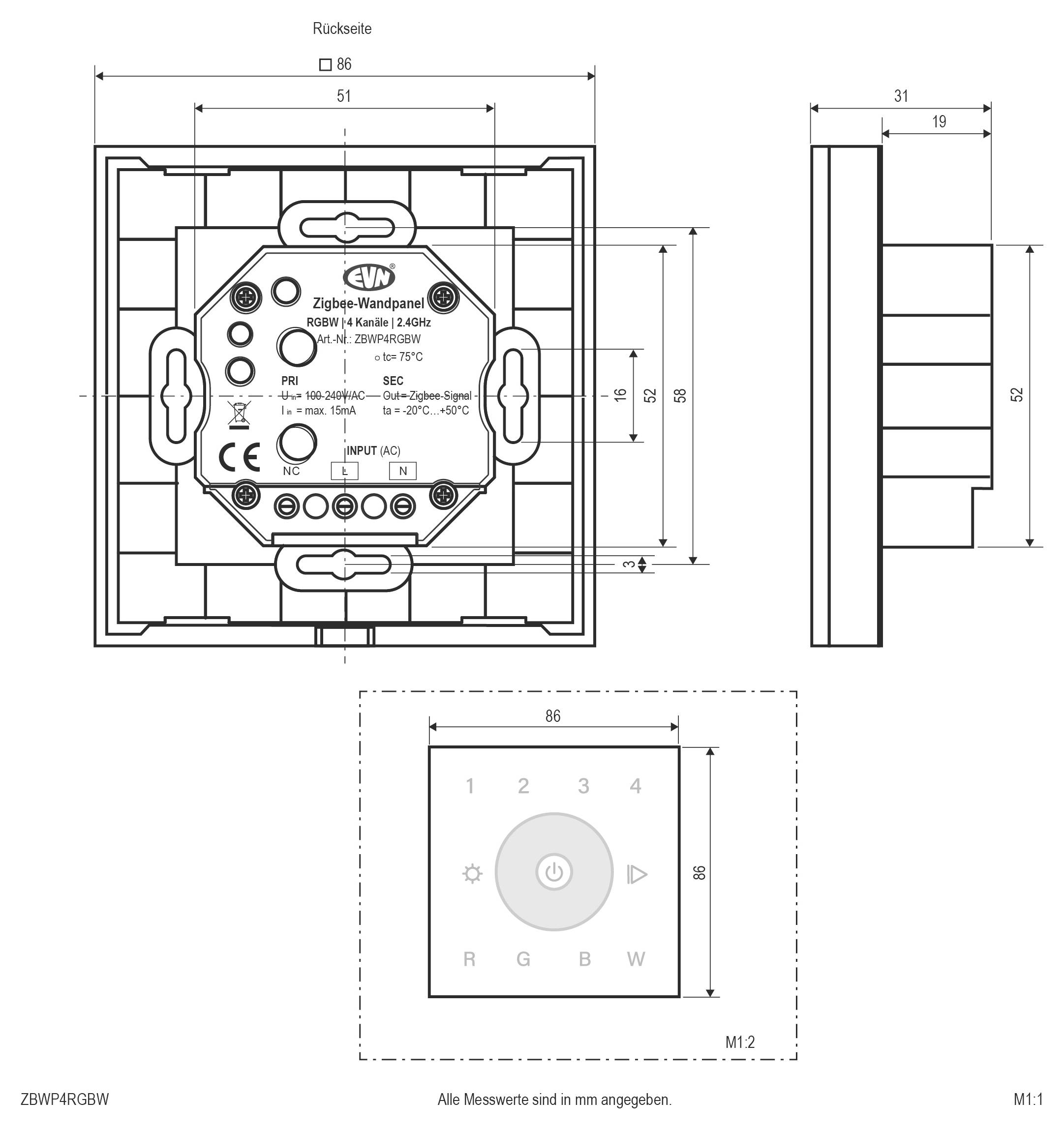 Technical dimension drawing of an EVN Zigbee wall switch with front and side views, showing mounting measurements in millimeters.