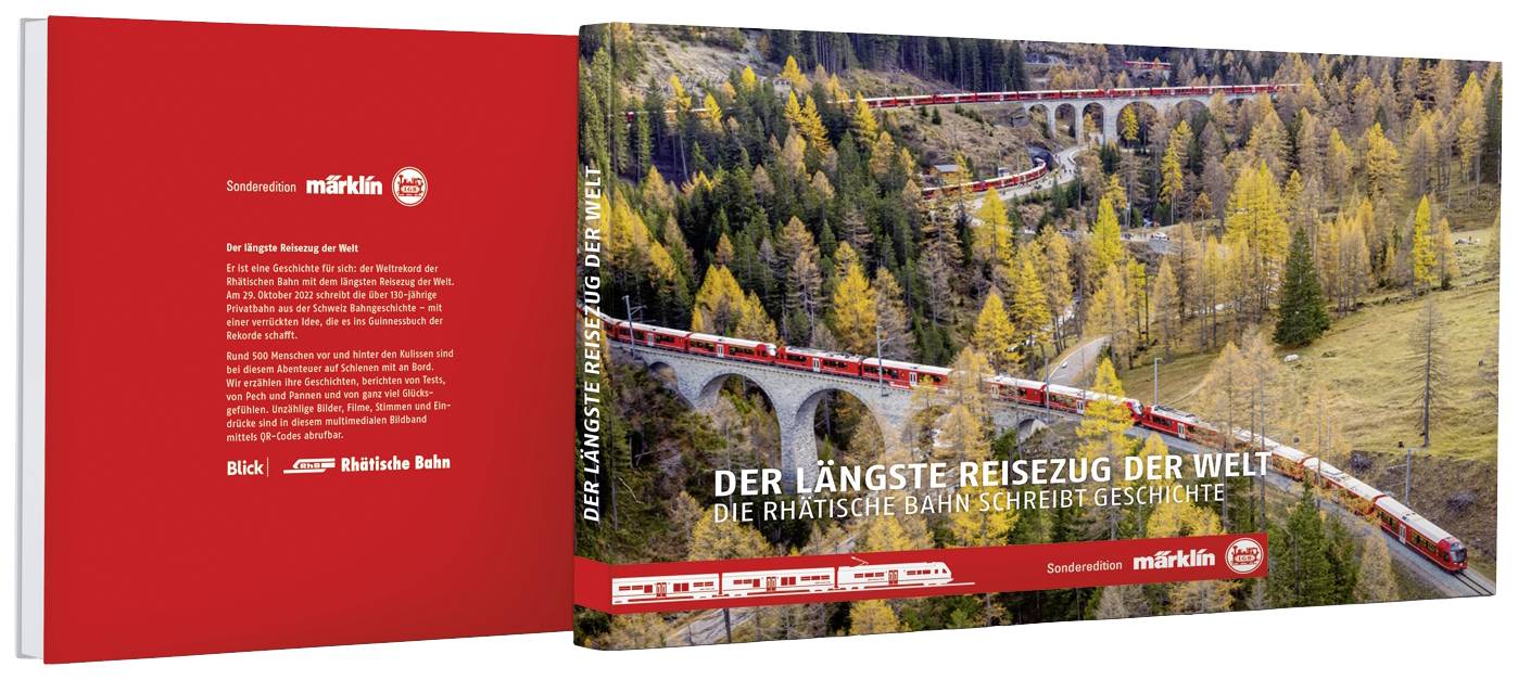 Book cover shows a long red train travelling through an autumnal, forested mountain landscape. Title: 'The Longest Passenger Train in the World'.