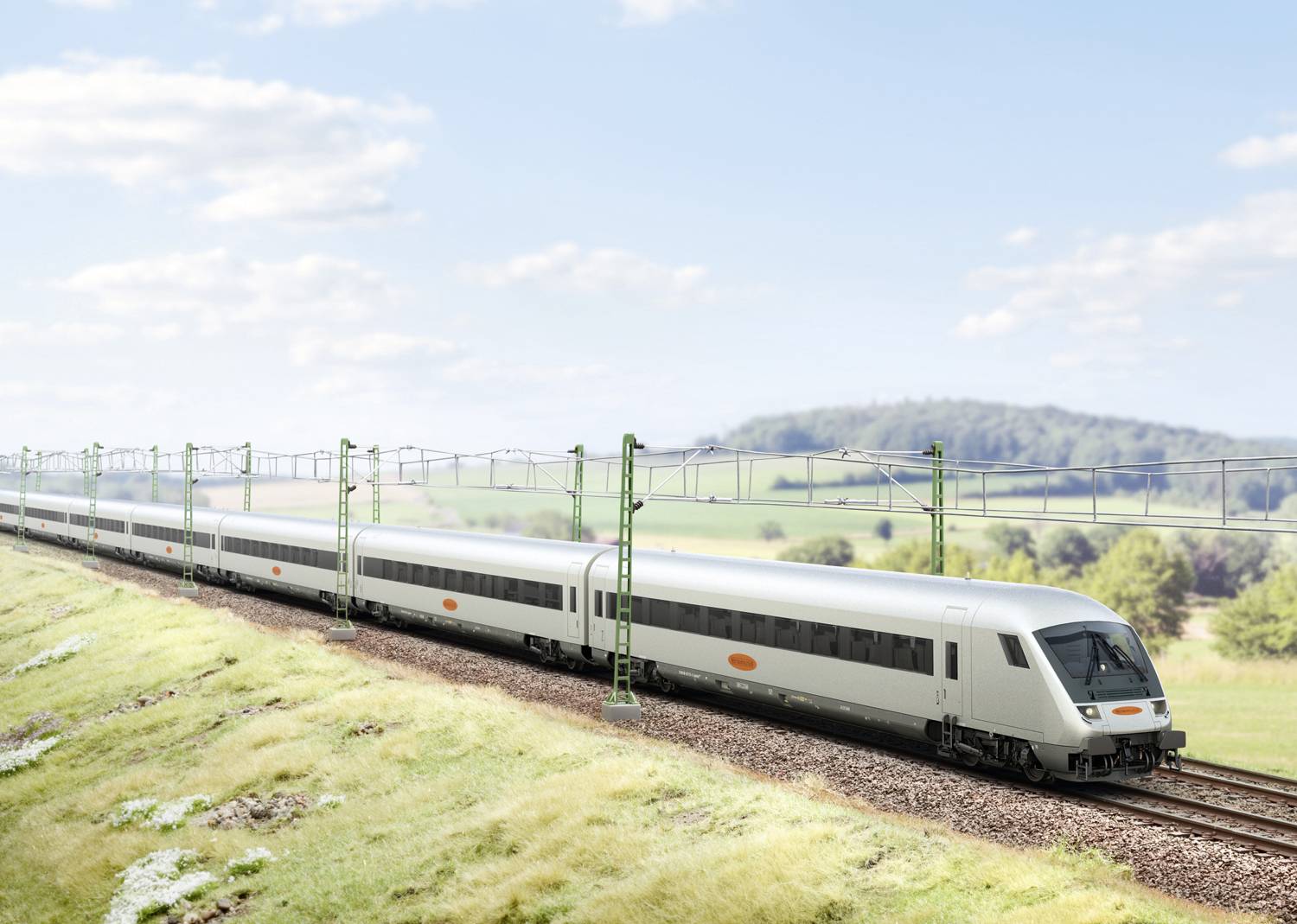 A modern high-speed train travels through a green landscape in bright sunshine. Hills and a blue sky are visible in the background.