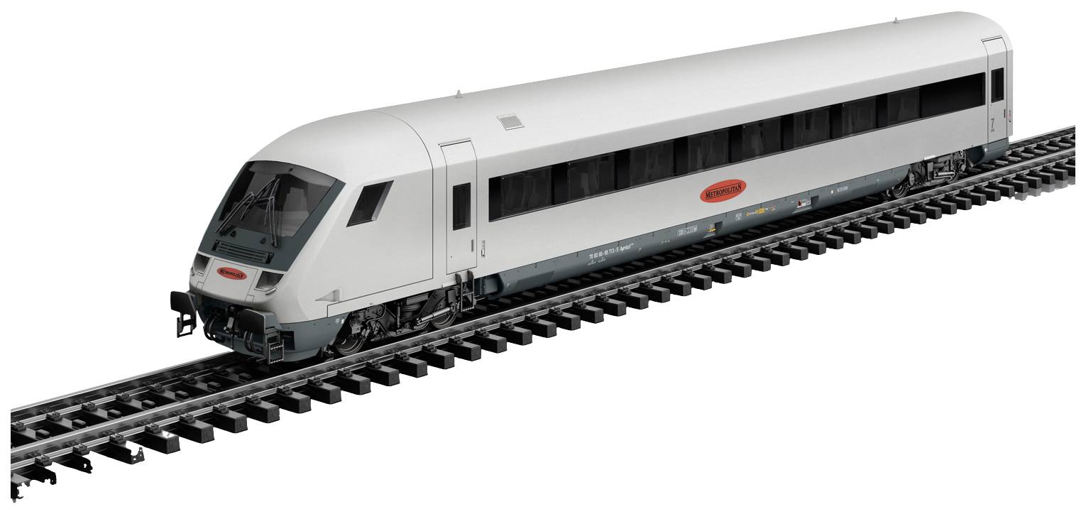 A modern, white passenger train on rails. The train has an aerodynamic design and dark windows along its sides.