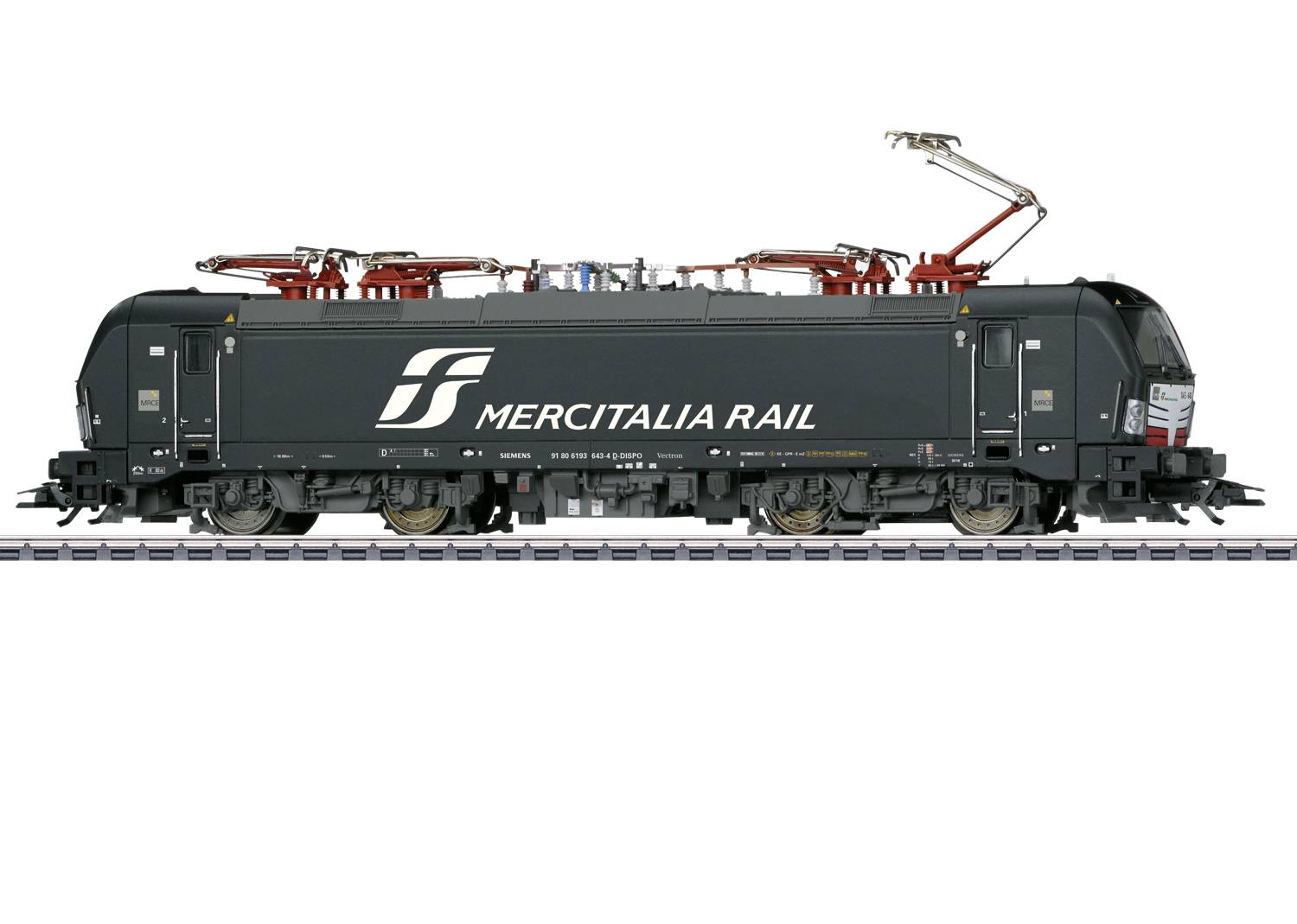 Black locomotive of Mercitalia Rail on railway tracks, with pantographs and company logo, side view.
