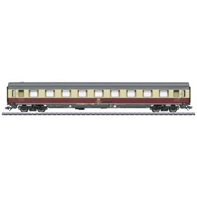 An elegant, two-tone painted railway carriage, yellow and red, stands on railway tracks. The windows are evenly distributed.