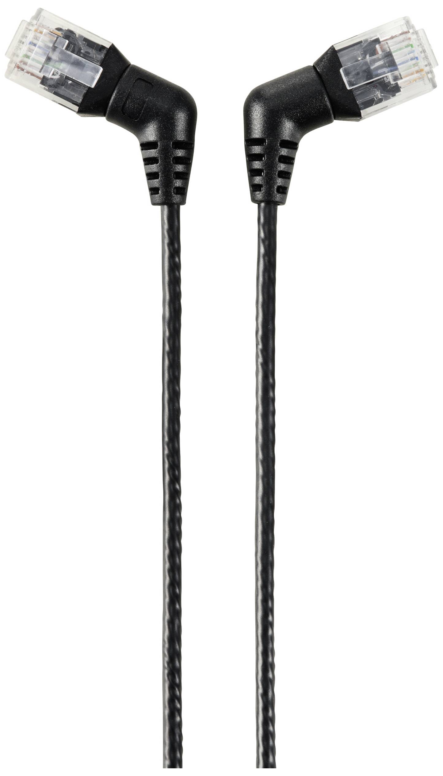 Two black Ethernet cables with 90-degree angled connectors pointing upwards, on a white background.