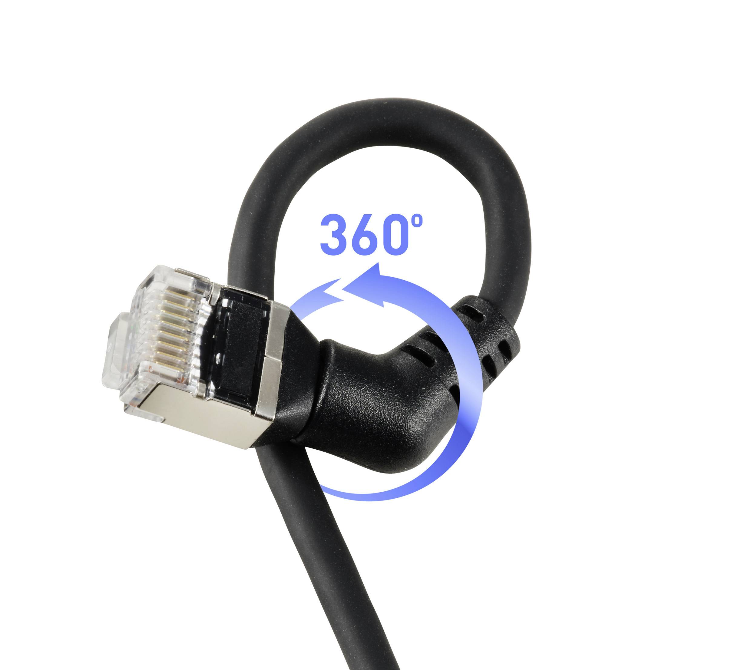 A black Ethernet cable with a 360-degree rotating plug. A blue arrow indicates the rotational movement.
