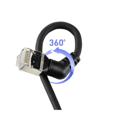 A black Ethernet cable with a 360-degree rotating plug. A blue arrow indicates the rotational movement.
