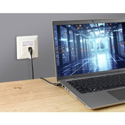 Laptop on a table, plugged into a power socket. A digital server room render is displayed on the laptop screen.