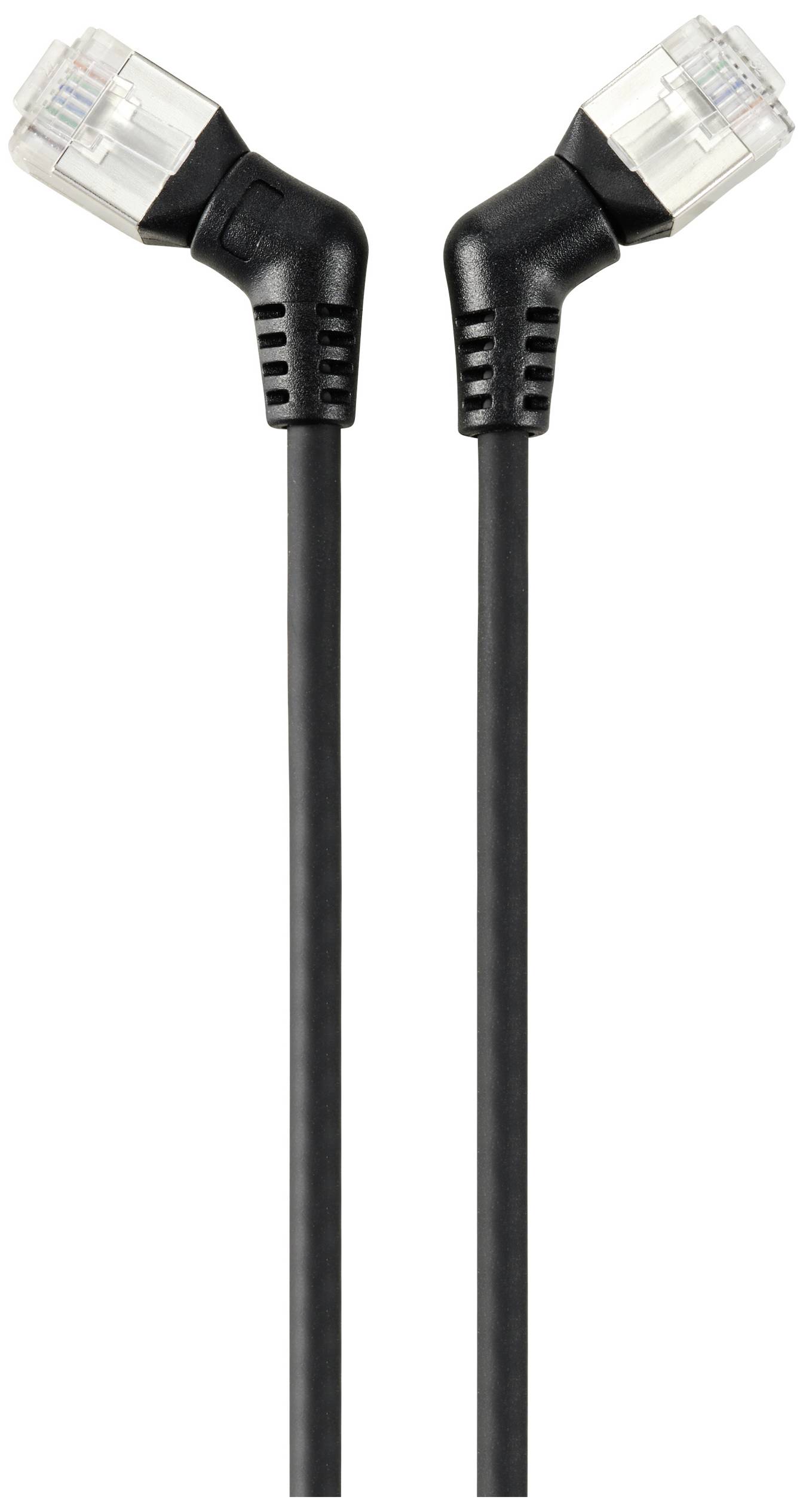 Network cable with two black plugs, each featuring a transparent RJ45 connector. They are angled in two directions.