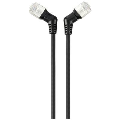 Network cable with two black plugs, each featuring a transparent RJ45 connector. They are angled in two directions.