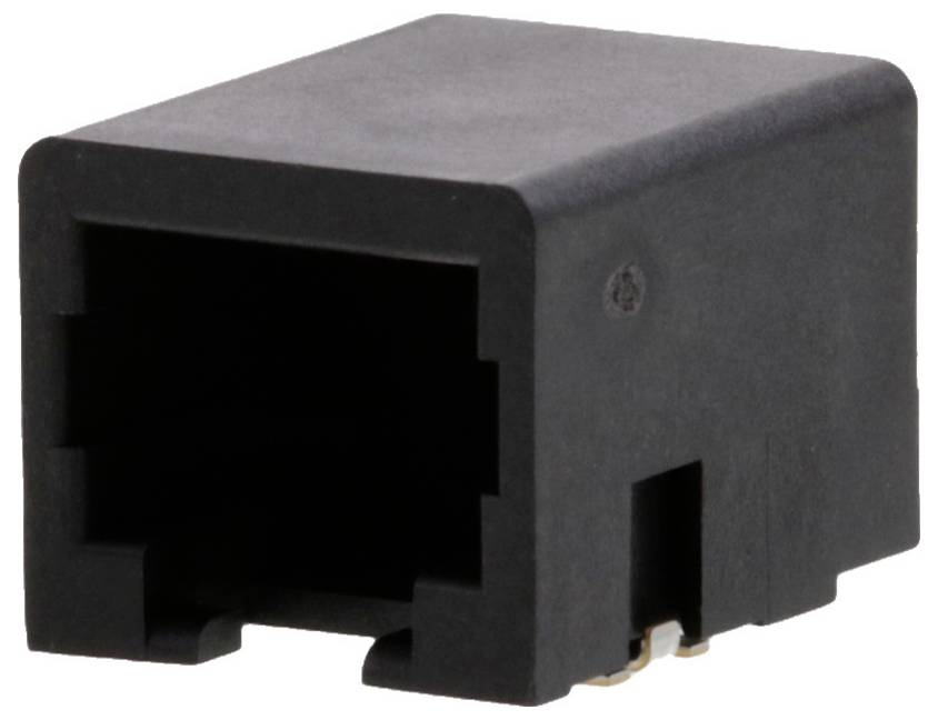 A black plastic RJ45 female socket connector with a rectangular shape and open front, used for Ethernet cables.
