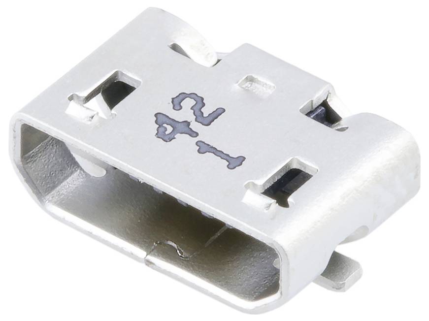 A small metallic rectangular connector with two inner prongs, resembling a USB type-B micro socket, shown on a white background.