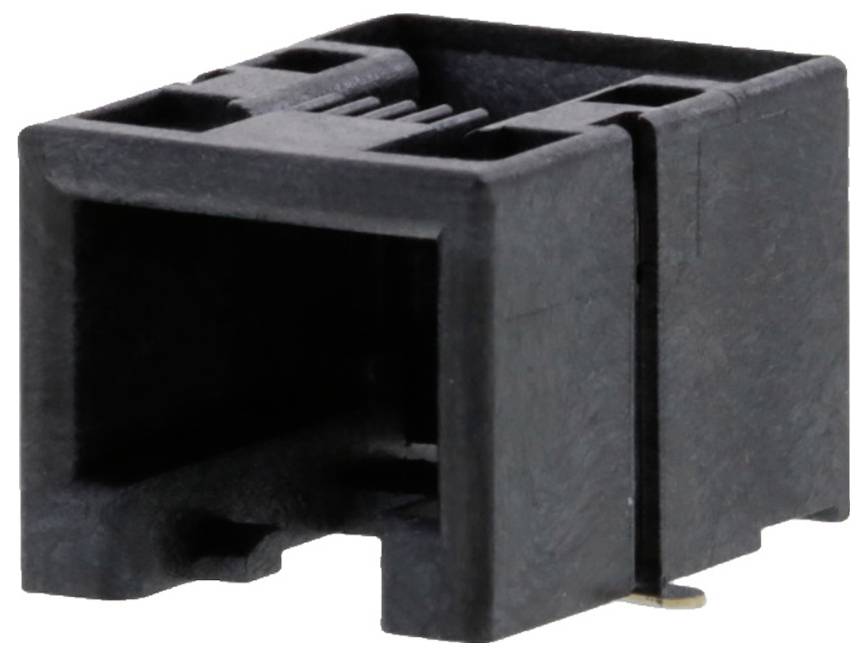 'Black plastic connector housing, rectangular, with openings for electrical contacts. Used for securing electronic connections.'