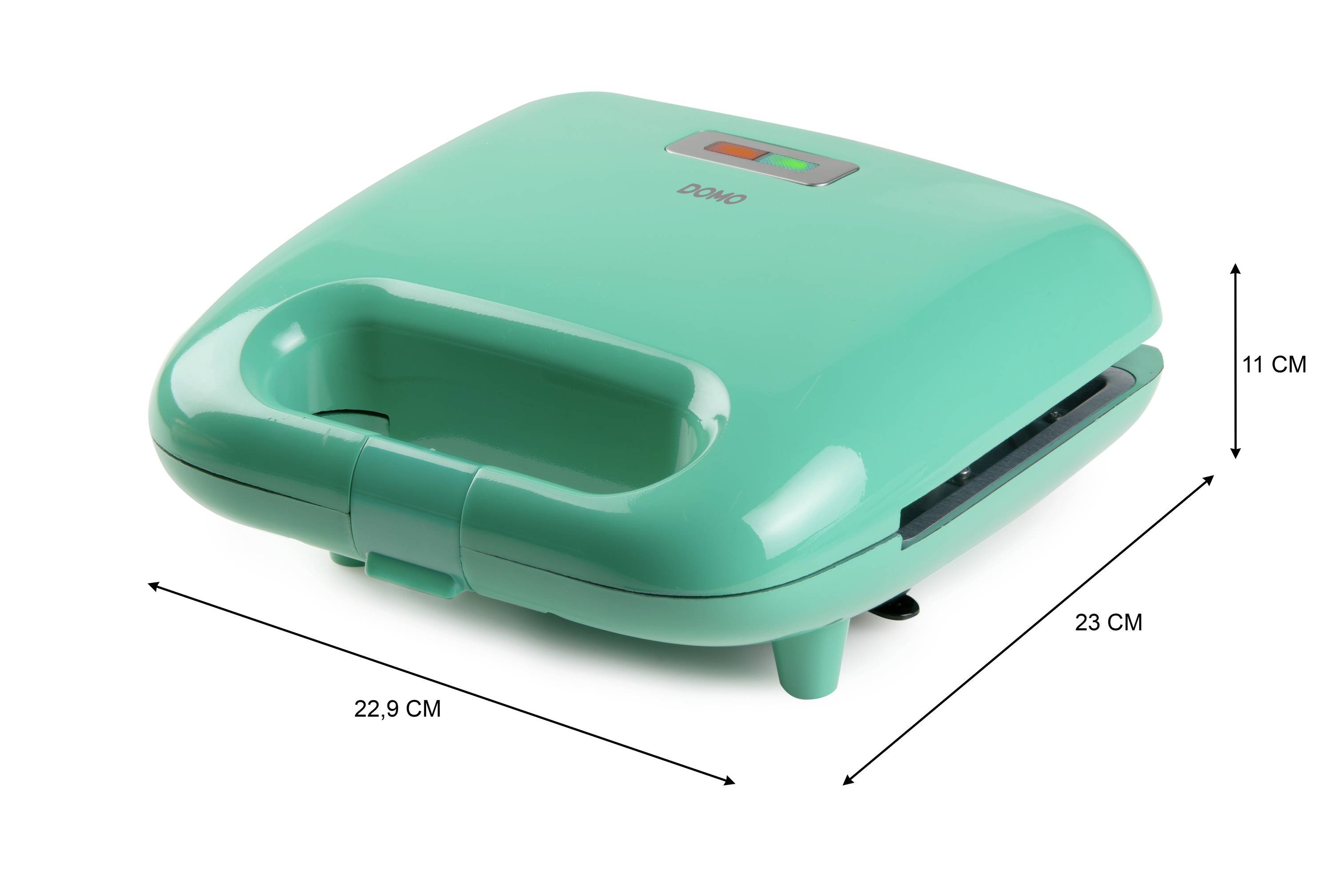 A turquoise sandwich maker with a closed lid, 22.9 cm wide, 23 cm deep and 11 cm high, sits on a white background.