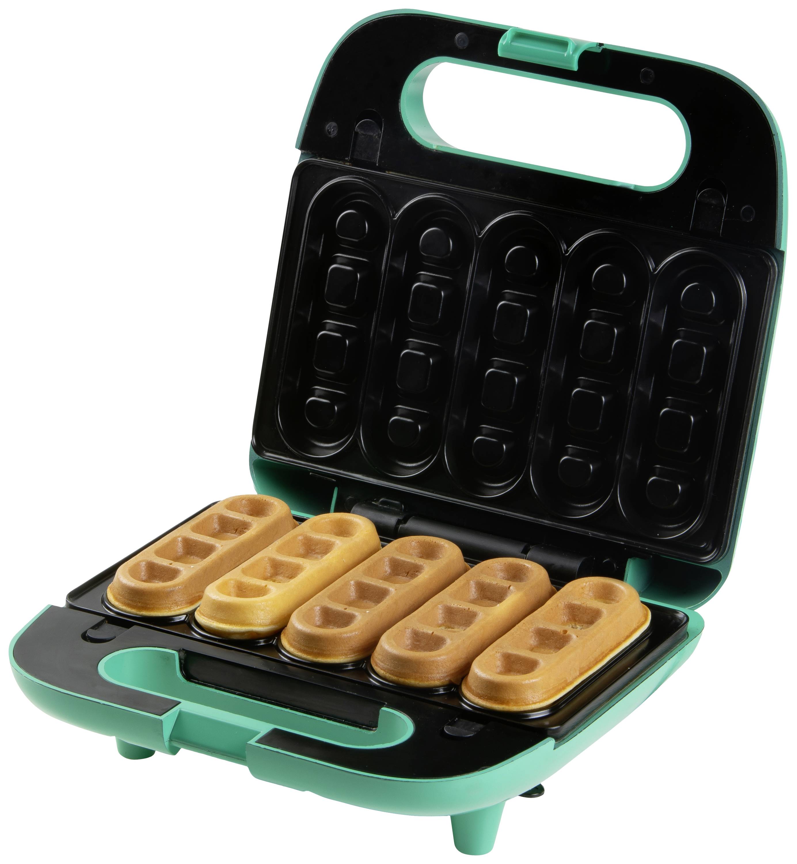 A green device bakes six golden-brown waffle sticks, which are baked in a special mould. Device and contents clearly visible.