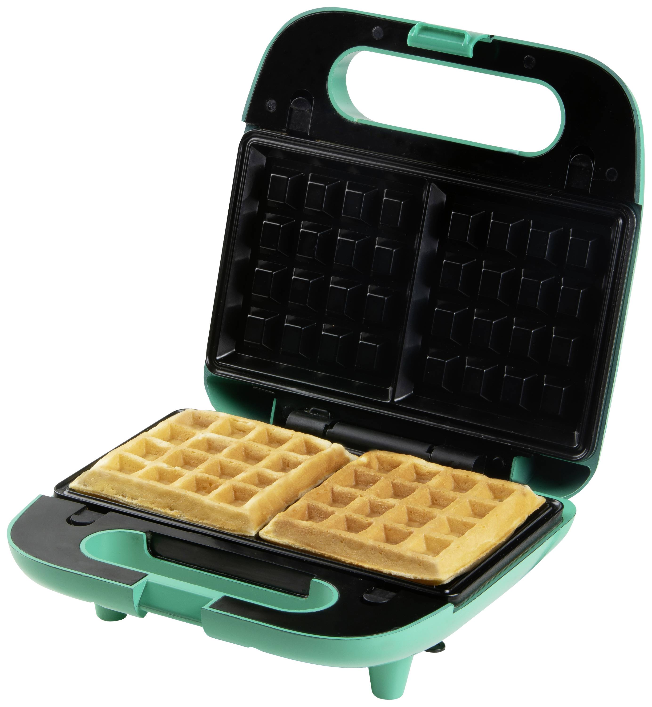 A waffle maker with an open lid, displaying two freshly baked, golden-brown waffles. The appliance is turquoise in colour.