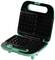 An open, green waffle maker with two black waffle moulds. Perfect for preparing square waffles.