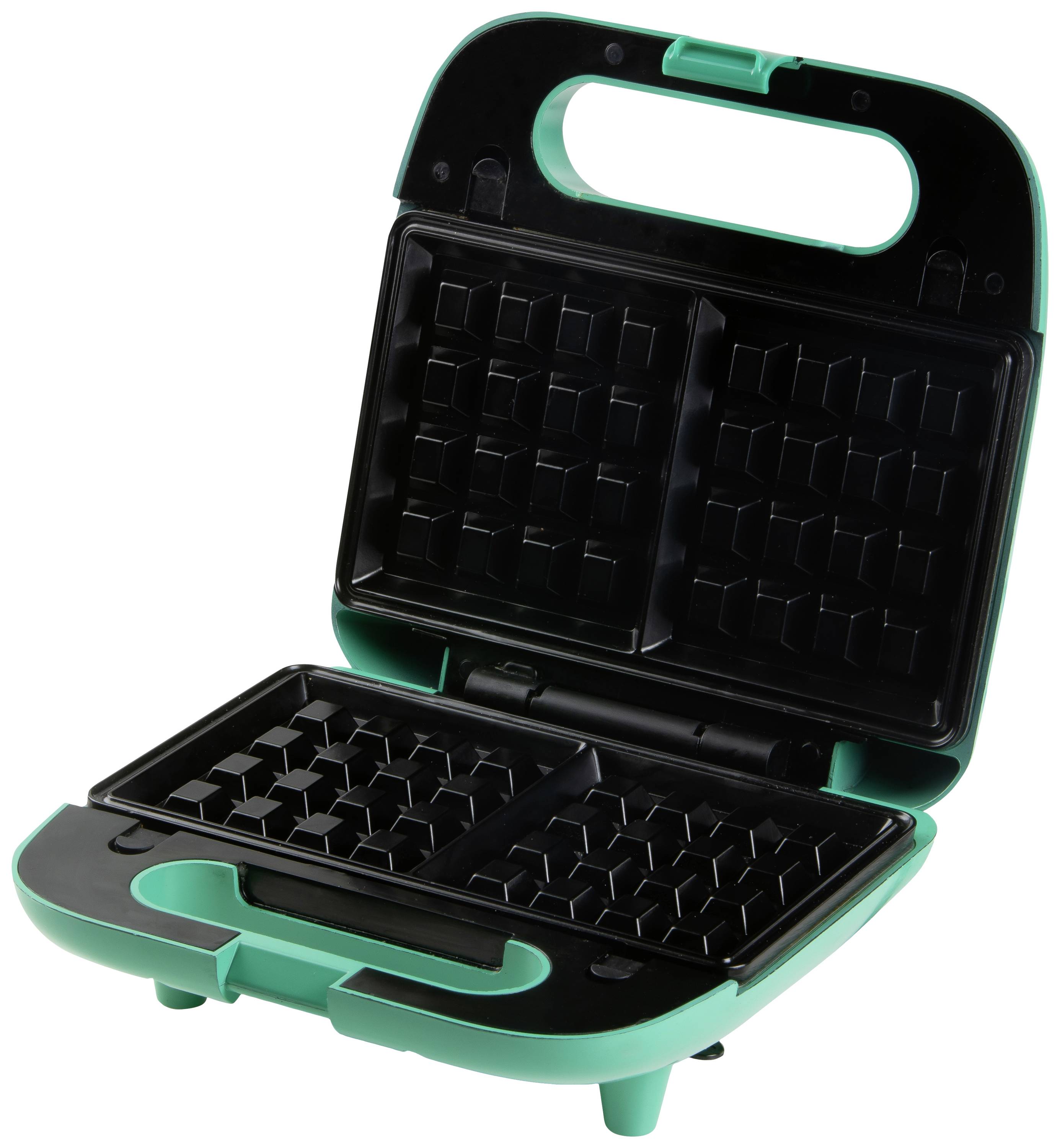 Waffle maker with opened non-stick plates, turquoise housing. Suitable for baking two rectangular waffles.