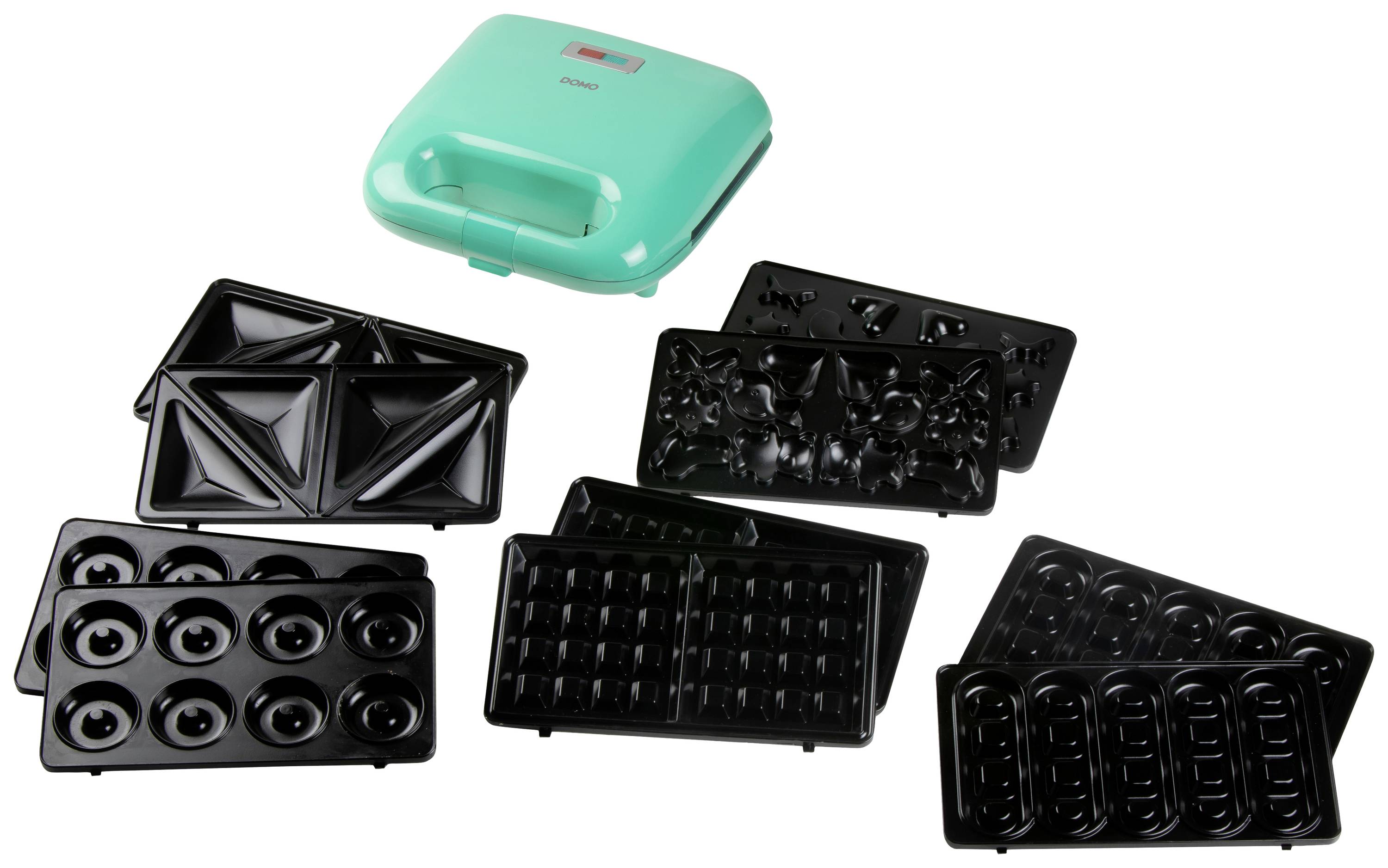 A light blue kitchen appliance with five different non-stick coated plates for waffles, doughnuts, sandwiches and more.