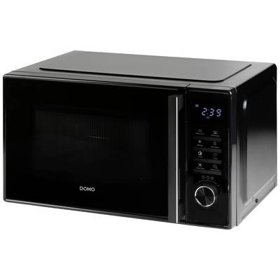 Black microwave with digital clock display and control panel on the right-hand side. Brand name 'DOMO' on the front.