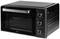 Black electric oven with a silver handle and three rotary knobs on the side. Essential for heating food.