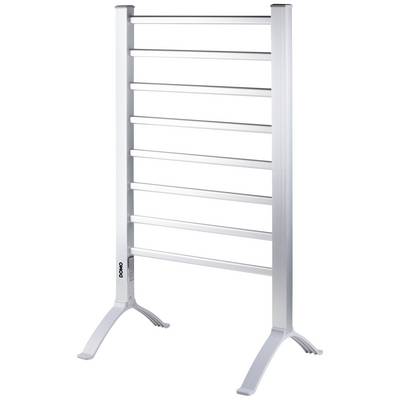 A white, freestanding towel rail with seven horizontal metal bars, suitable for bathrooms or washrooms.