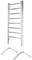 Silver towel radiator with seven horizontal bars. Underneath, two curved brackets for wall mounting.