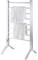 A freestanding, electric towel rail with multiple bars. Two towels, one white and one cream-coloured, are hanging on it.