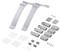 Two grey mudguards, mounting kits with screws, caps and brackets, likely for installation on bicycles or similar vehicles.