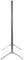 A silver, freestanding stand with a tall, slender central post and a sturdy, curved base for support.