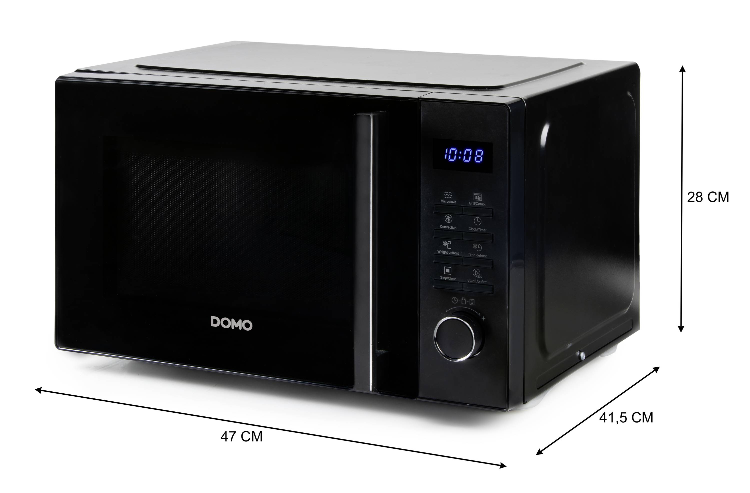 A black microwave with a digital display showing '10:08'. Dimensions: 47 cm wide, 28 cm high, 41.5 cm deep.