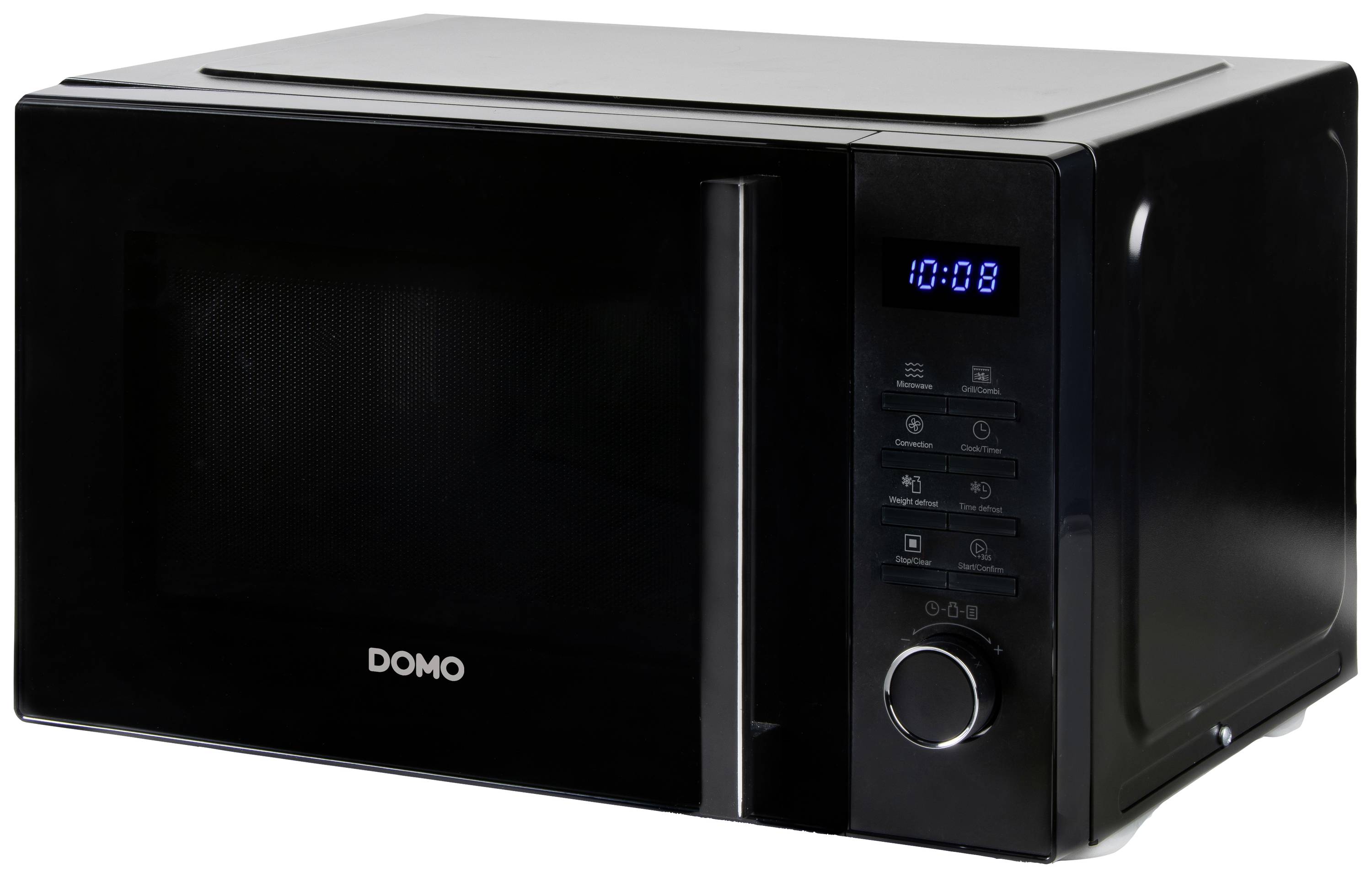 A black microwave with a digital display showing '10:08'. The controls and rotary dial are located on the right side of the front panel.
