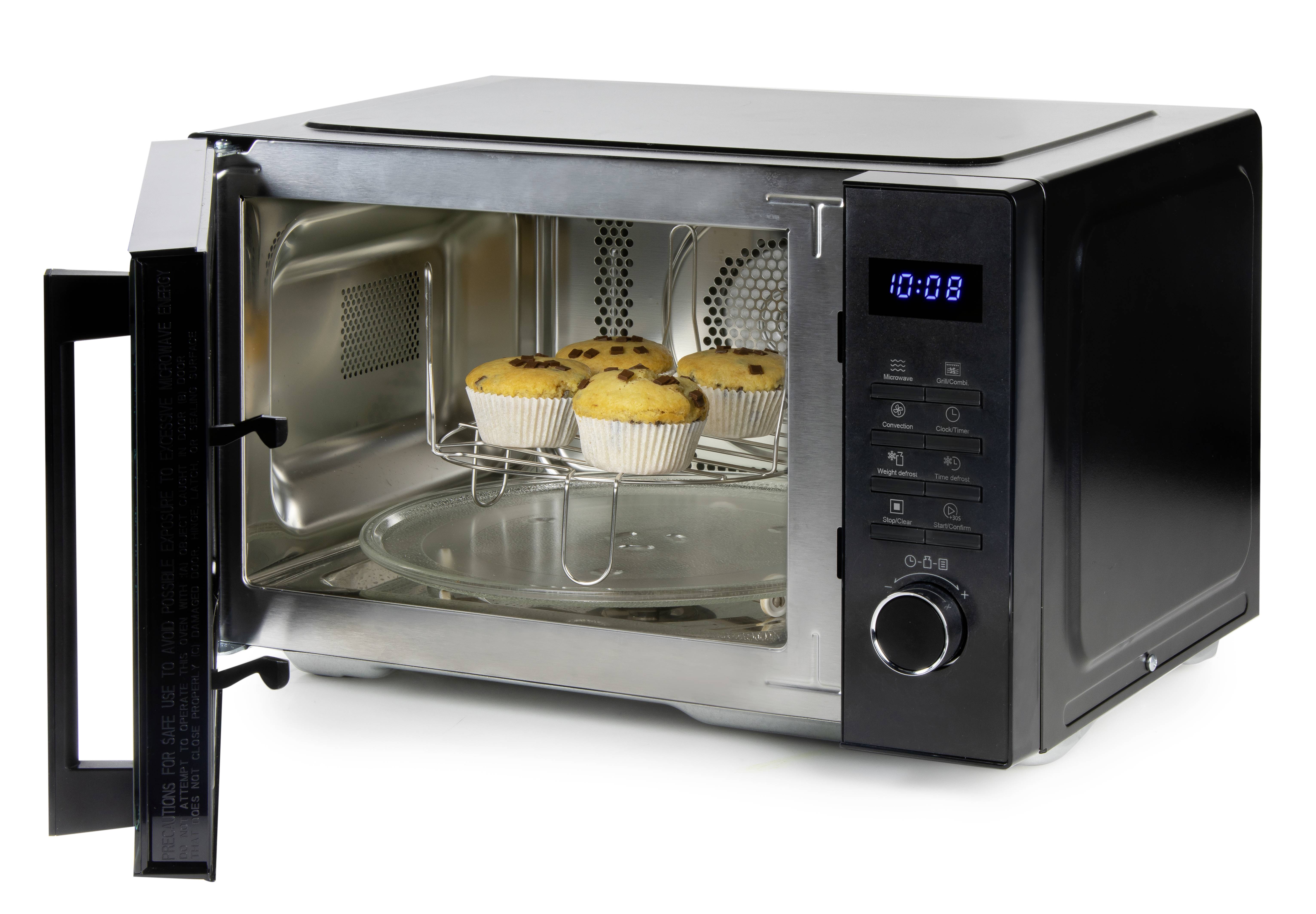 A microwave with its door open, displaying three muffins on a turntable, digital display showing '10:08', with a black casing.